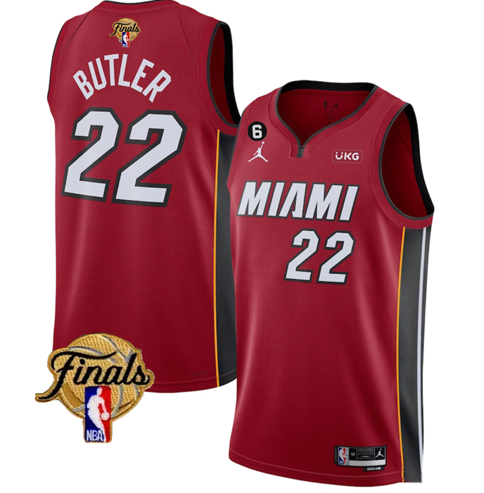 Men's Miami Heat #22 Jimmy Butler Red 2023 Finals Statement Edition With NO.6 Patch Stitched Basketball Jersey Men's Miami Heat #22 Jimmy Butler Red 2023 Finals Statement Edition With NO.6 Patch Stitched Basketball Jersey